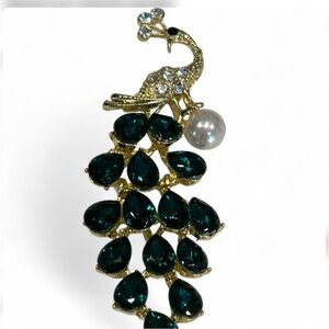 Gold Peacock Brooch with Emerald Green Stones and Pearl Accent